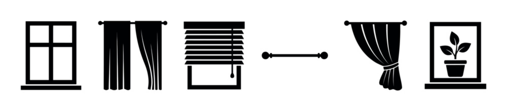 Set of black window treatment icons including a frame, curtains, blinds, a curtain rod, and a potted plant, presented in a simple flat vector silhouette graphic style