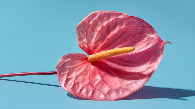 Pink anthurium flower blooming on a blue background