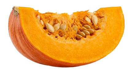 A vibrant slice of pumpkin showcasing seeds and flesh perfect for autumn recipes and fall on transparent background