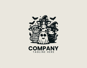 Fototapeta premium Three cows wearing mummy ghost and witch costumes black vector logo illustration