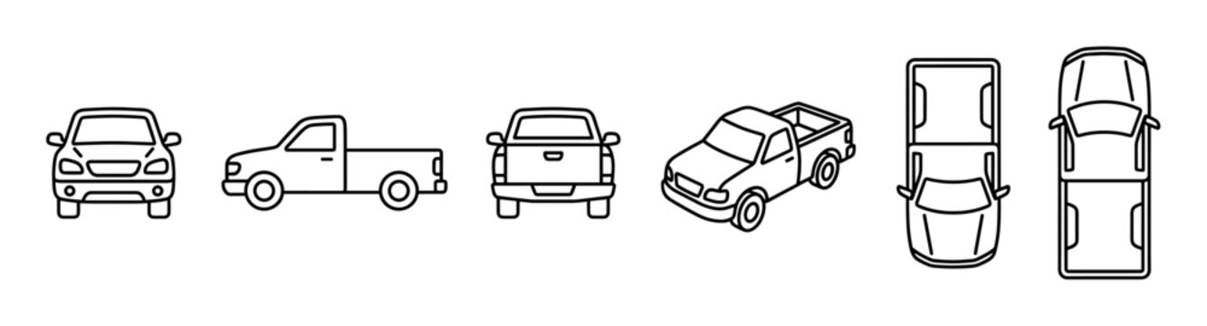 Pickup truck icon set with different views including front, side, rear, top, and isometric perspectives in a simple black and white line art vector style illustration