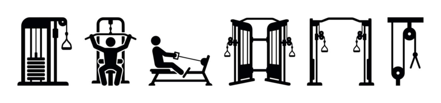 Black silhouette icons of various gym machines for strength training, including cable crossover, lat pulldown, and seated row in a minimalist graphic vector style collection