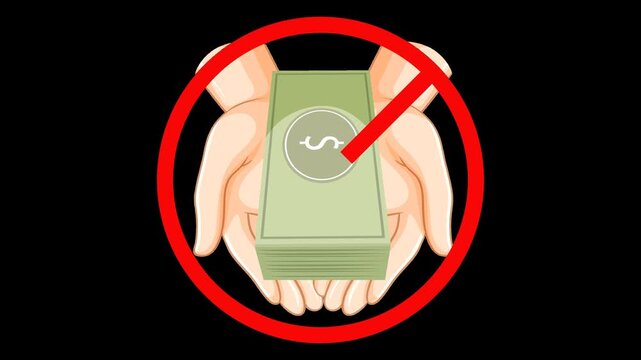 No Bribe Concept: Hands Offering Money Stack with Red Prohibition Sign, Flat Design Vector Illustration