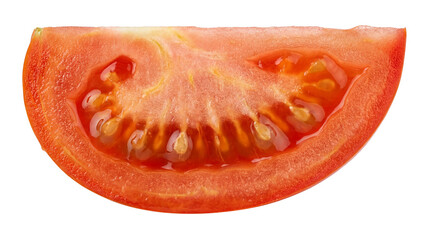 Macro close up slice of a fresh juicy red tomato with seeds for culinary food blog and healthy on transparent background