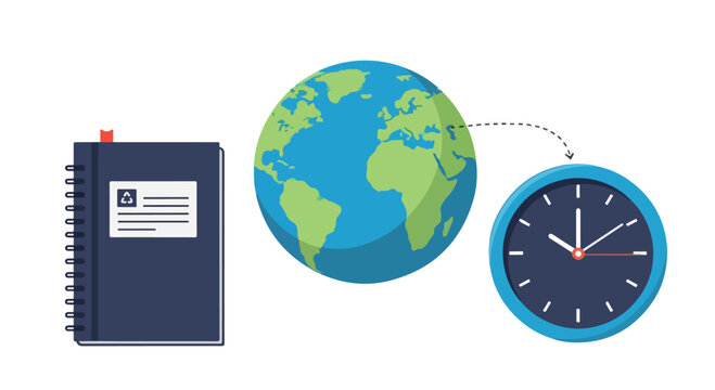 Flat lay of a notebook, globe, and clock on a white background with a simple and organized composition.