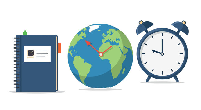 Flat lay of a blue notebook, a globe with red airplane and a blue alarm clock on a white background.