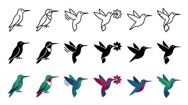 Collection of hummingbird icons in various styles including line art, silhouette, and flat color, showing the small birds standing, flying, hovering, and holding a flower