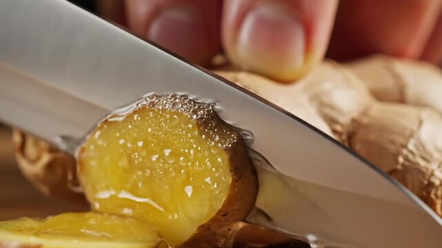 Close-up of a knife slicing fresh ginger root, releasing its aromatic juice and oils