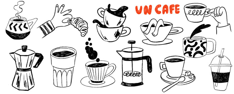 Hand drawn chalk coffee set. Crayon La dolce vita doodle print design with coffee in doodle naive ink drawing style. Minimalist line art. Vector Illustration for prints, posters, placards, menus, cafe