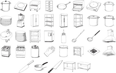 Hand Drawn Commercial Restaurant Kitchen Equipment Illustration Collection