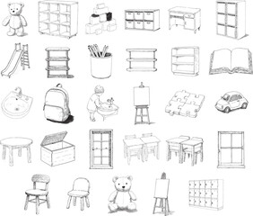 Hand Drawn Kindergarten Classroom and Preschool Furniture Illustration Collection