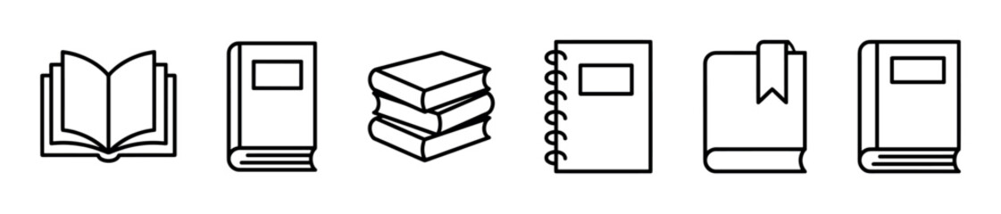 Set of black line art book icons showing various forms including an open textbook, a stack, a spiral notebook, and a volume with a bookmark in a clean, minimalist style