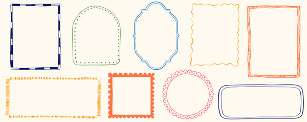 Hand drawn coastal frame set. Doodle square arch and rectangle shapes kit. Vector Vintage ink retro empty banner, inspired frames for greeting cards, wedding, birthday party, picnic invitations © PawLoveArt