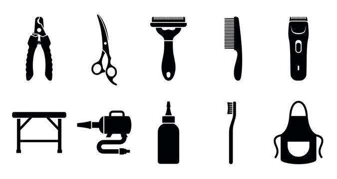 Black silhouette icons of pet grooming equipment featuring a trimmer, brush, scissors, nail clippers, and grooming table in a clean, flat vector illustration collection