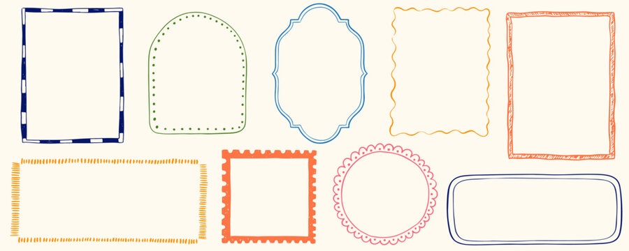 Hand drawn coastal frame set. Doodle square arch and rectangle shapes kit. Vector Vintage ink retro empty banner, inspired frames for greeting cards, wedding, birthday party, picnic invitations