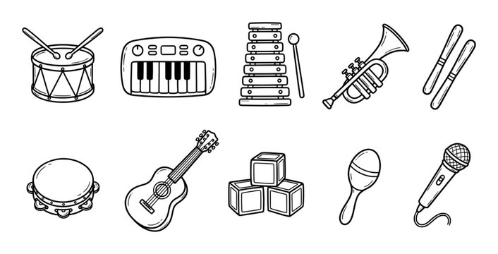 Collection of black and white toy musical instruments and playthings in a simple hand-drawn doodle style, including a guitar, drum, keyboard, trumpet, and microphone
