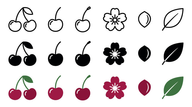 Collection of cherry fruit icons set in three different styles including thin line outline, black silhouette, and simple flat color with berries, leaves, seeds, and blossoms