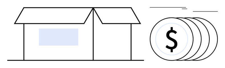 Small house with stacked coins representing homeownership, savings, real estate, funding, mortgage, budgeting, or property value. Ideal for finance, housing investment planning themes simple flat