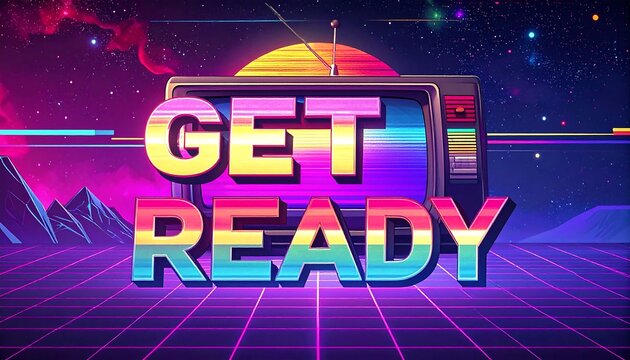 Vibrant neon-lit 80s-style futuristic scene with TV and mountains