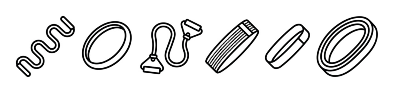 Set of various resistance bands for fitness training, including loop, tube, and therapy bands, presented as a collection of black and white minimalist line art icons for exercise