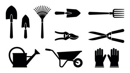 Set of black gardening tool silhouettes including a shovel, rake, shears, watering can, and wheelbarrow in a minimalist icon collection for horticultural concepts