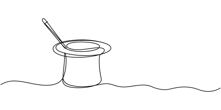 Magic hat with a wand of continuous one line drawing, Magician's Hat Icon on Transparent Background, Magic has outline pro vector illustration. minimal concept one line icon, Magic has outline pro.