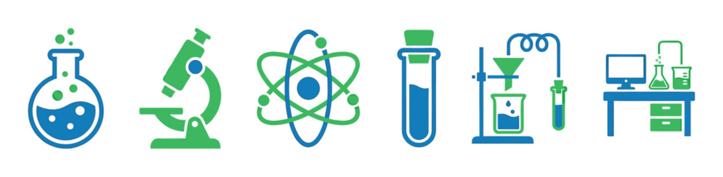 Set of six blue and green science icons showing a flask, microscope, atom, test tube, and laboratory equipment for chemistry, biology, and physics research concepts