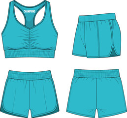 Teal women activewear set with gathered sports bra and athletic shorts fashion technical sketch cad drawing flat vector illustration template