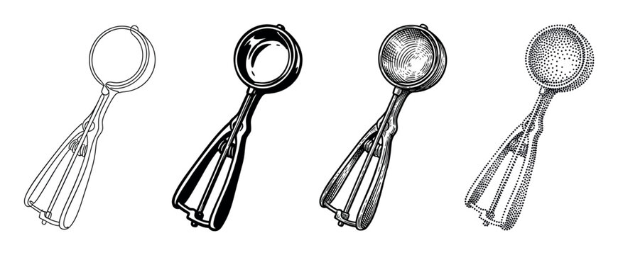 Four vintage style ice cream scoops illustrated in a collection of different graphic art styles including line art, silhouette, engraving, and stippling for a retro look