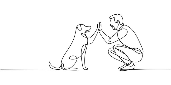 Man high-fiving dog in continuous line art drawing style. Pet and people friendship. Black linear sketch isolated on white background. Vector illustration
