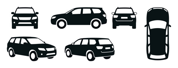 Set of black station wagon car icons showing different views including front, side, back, top, and perspective for transportation design elements in a minimalist graphic style