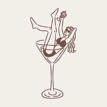 Minimal line art of a woman in a bikini relaxing inside a large martini glass, summer party concept.