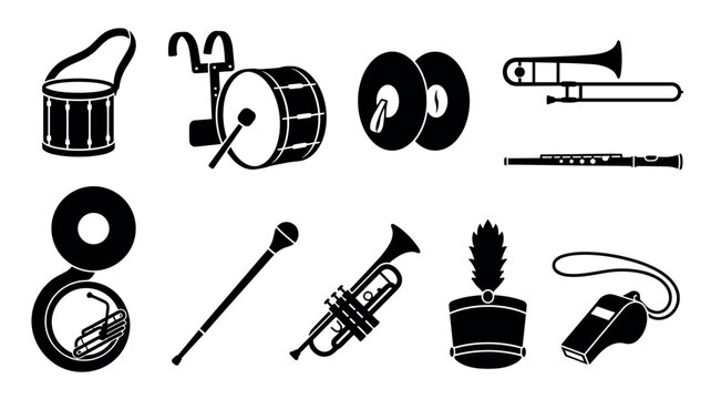 Marching band musical instruments and equipment icons presented as a black silhouette graphic illustration set including drums, trumpet, trombone, flute, and shako hat