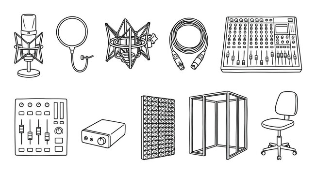 Hand-drawn recording studio equipment icon set featuring a microphone, audio mixer, pop filter, vocal booth, and other gear in a black and white doodle illustration style