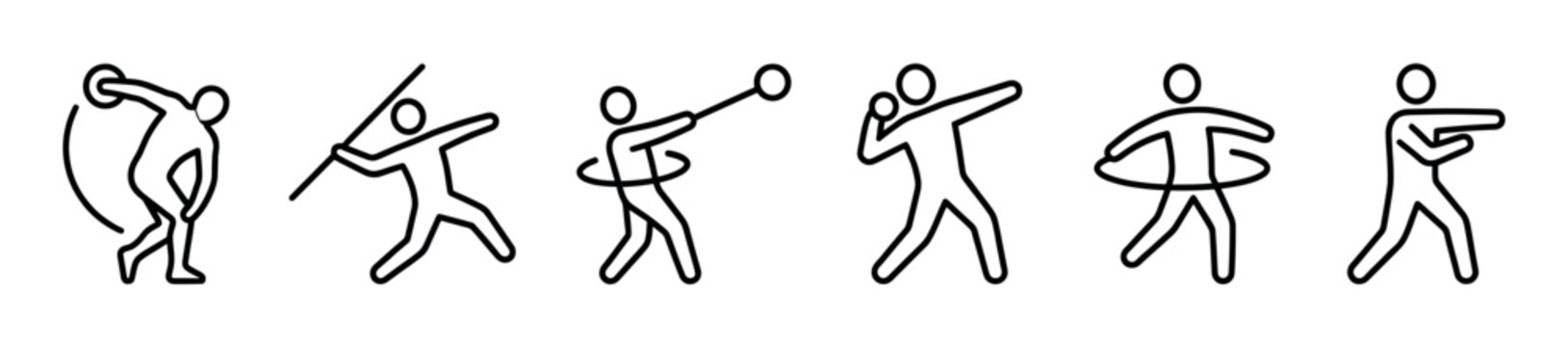 Set of black line art sport icons showing athletes in various throwing disciplines like discus, javelin, hammer throw, shot put, and shooting for athletic competition concepts