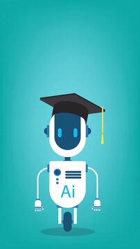 AI robot with a mortar hat. Concept of AI and machine learning.	
