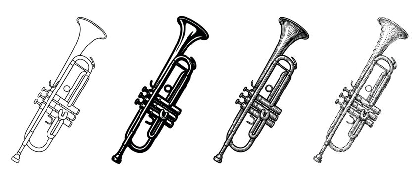 Four distinct artistic trumpet illustrations showcase different graphic styles including outline, solid silhouette, detailed engraving, and stippling, presented in a diagonal arrangement