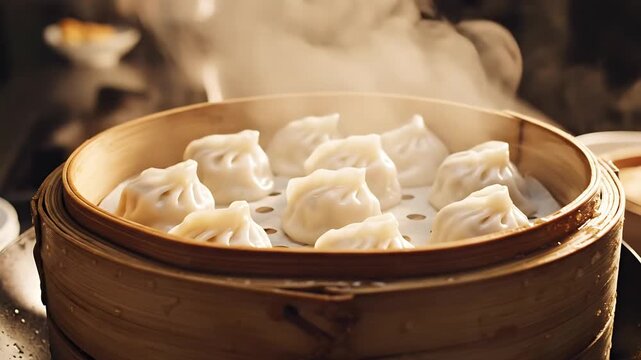 Steaming dumplings inside a bamboo steamer, close up