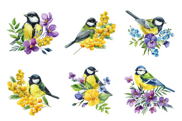 Watercolor spring birds clipart set with great tit and blue tit surrounded by flowers mimosa pansy violet leaves isolated on white © Hanna