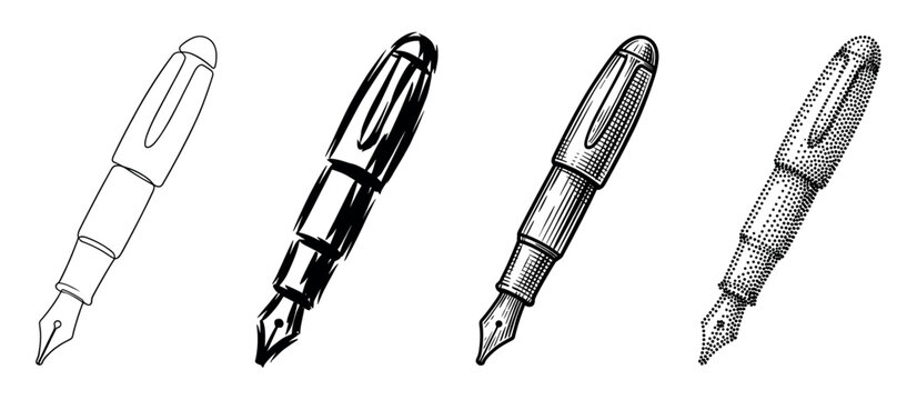 Four distinct hand-drawn fountain pens in various artistic styles, including outline, bold sketch, detailed line art, and stippling, presented as a creative illustration