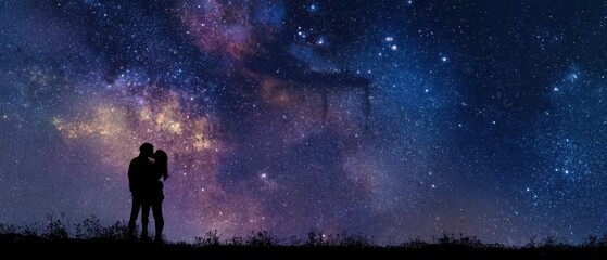 Fototapeta premium The Silhouetted Couple Embracing Under a Vibrant Milky Way Night Sky