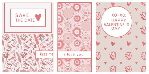 Three vertical valentine s day cards with pink graphics hearts and romantic messages