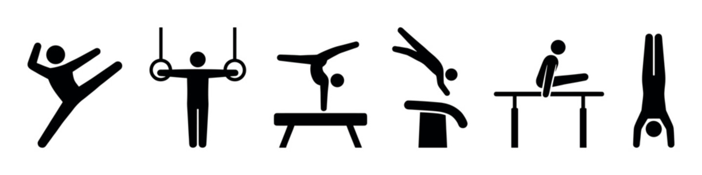 Six black silhouette gymnastics icons illustrate various athletic poses and apparatus, showcasing dynamic movements and strength in a clean, graphic style