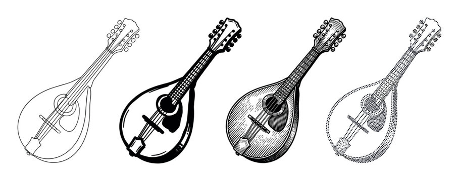 Four distinct mandolin musical instrument illustrations showcase diverse artistic styles, including outline, solid, engraving, and stippling, presented in a monochrome palette
