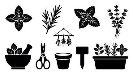 Naklejka premium Various black silhouette icons representing culinary herbs and gardening tools are neatly arranged, showcasing different stages from growing to preparing, in a clean, graphic vector style