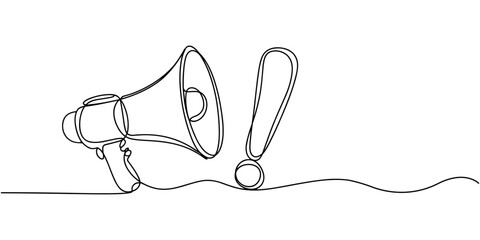 Continuous single line sketch drawing of megaphone exclamation mark attention warning sign one line vector illustration, Megaphone Continuous Line Icon, Megaphone Continuous Line Icon. © Creative Tania