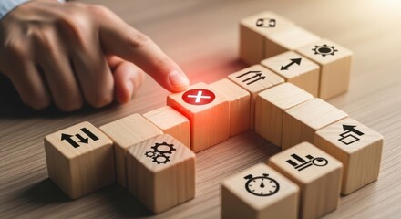 Process bottleneck identification and highlighting a single blocked cube using wooden cubes, symbolic icons, human hand, natural depth of field, soft blurred background, minimal desk background.