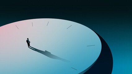 Conceptual composition businessman standing on giant clock platform. Concept of time management, startup launch timing, deadlines, productivity planning and strategic execution. © master1305