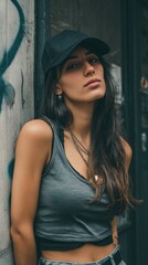 Fototapeta premium Young woman by graffiti wall