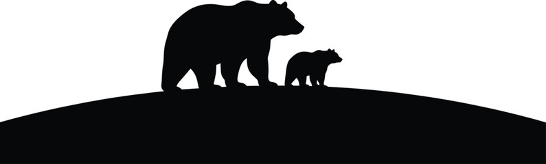 Bear family silhouettes walking on hill, wildlife nature scene, mother and cubs illustration, black isolated vector design for fauna themes © Asha Moni